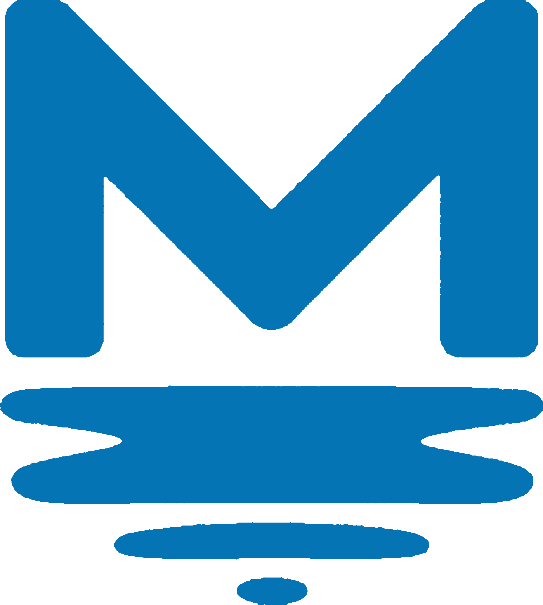 Mirror Lake mark — a blue letter M reflected in water